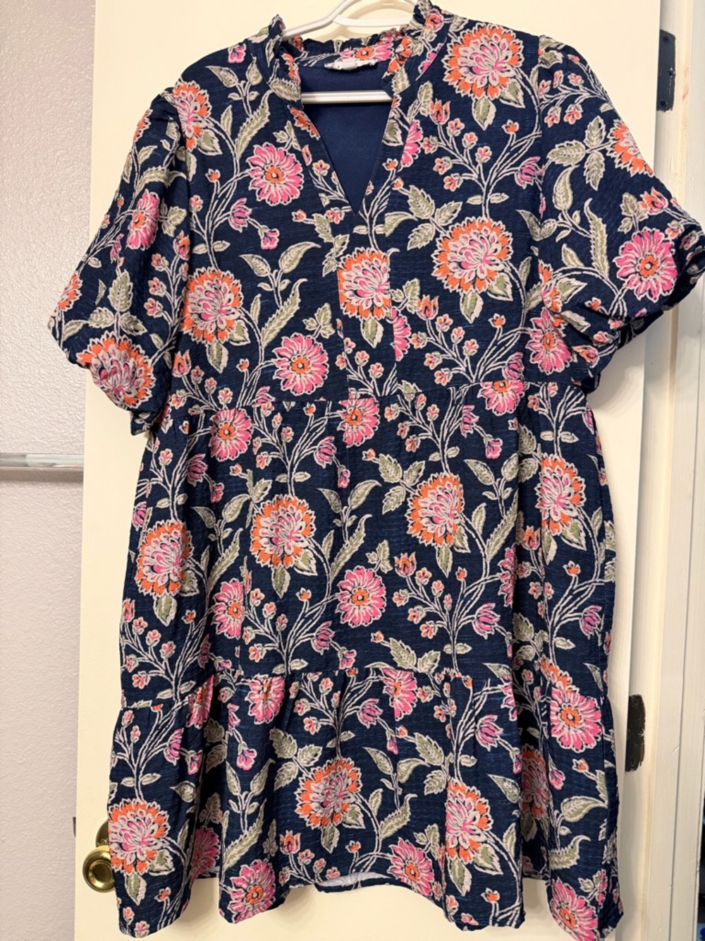 THML Navy Floral Ruffled Neck Blouse with Pink & Orange Accents